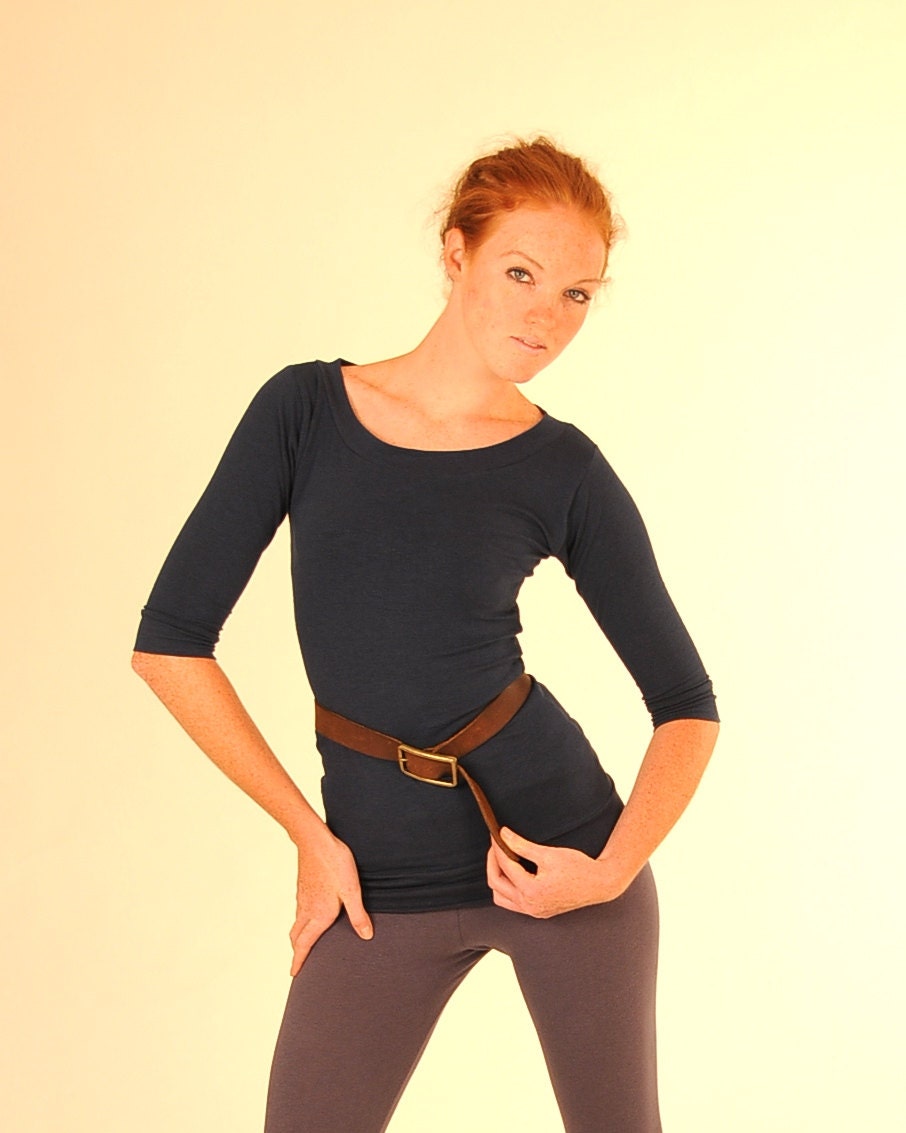 Women's Shirt - Wide Neck Tunic Length 3/4 Sleeve Shirt - Organic Clothing - Eco Friendly -Navy Blue