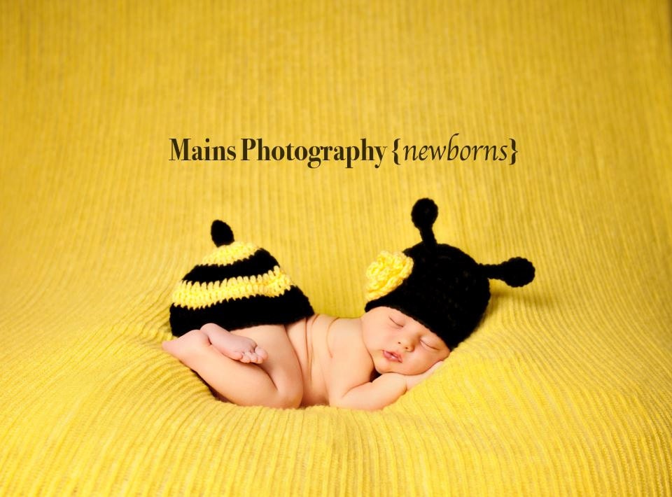 Little Miss Bumble Bee Beanie in Black and Yellow Available in Newborn to 6 Months Size- MADE TO ORDER