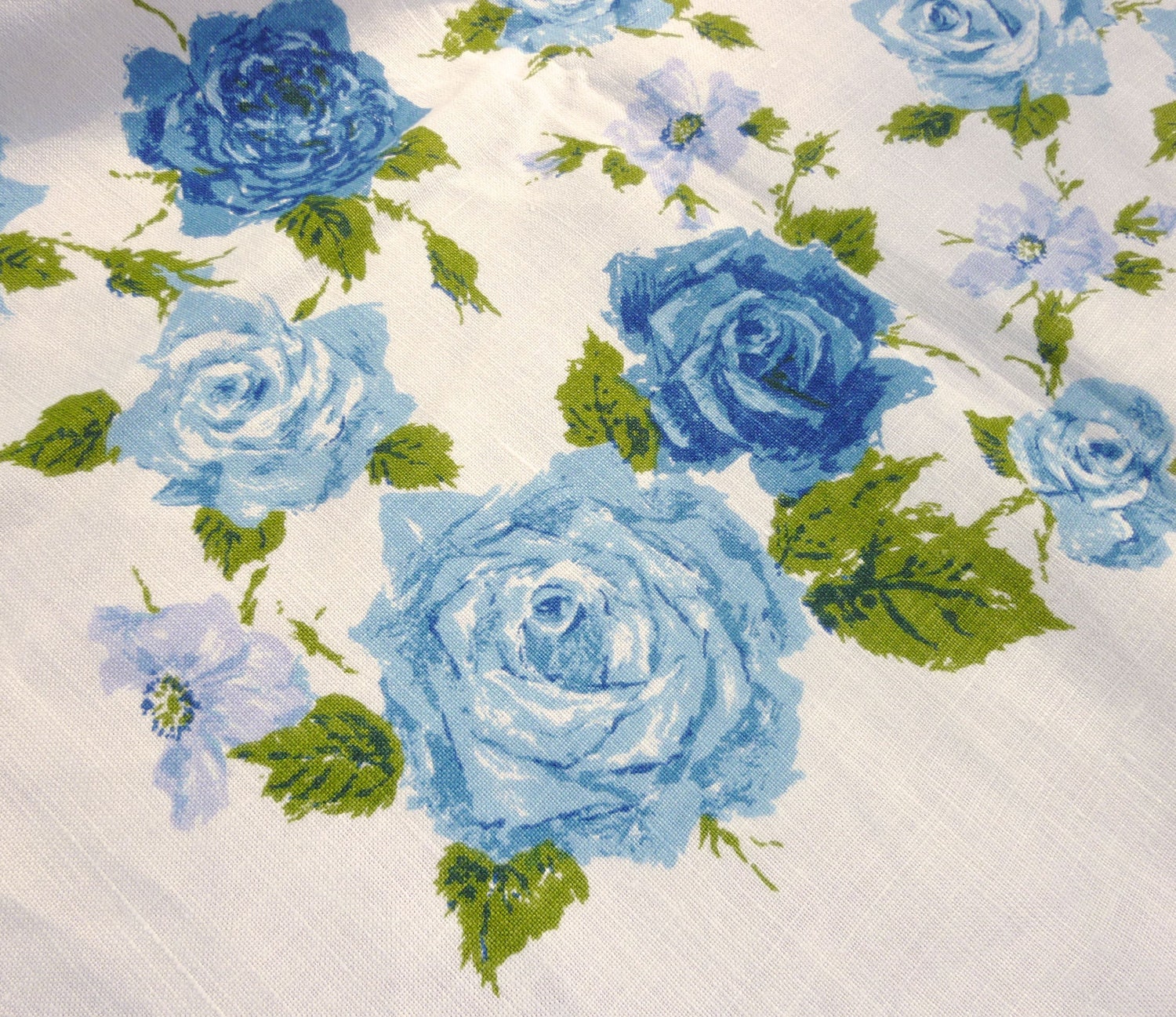 VintageTablecloth - Blue English Cabbage Roses - Turquoise and Sapphire Blue Flowers- Floral Print by Luther Travis