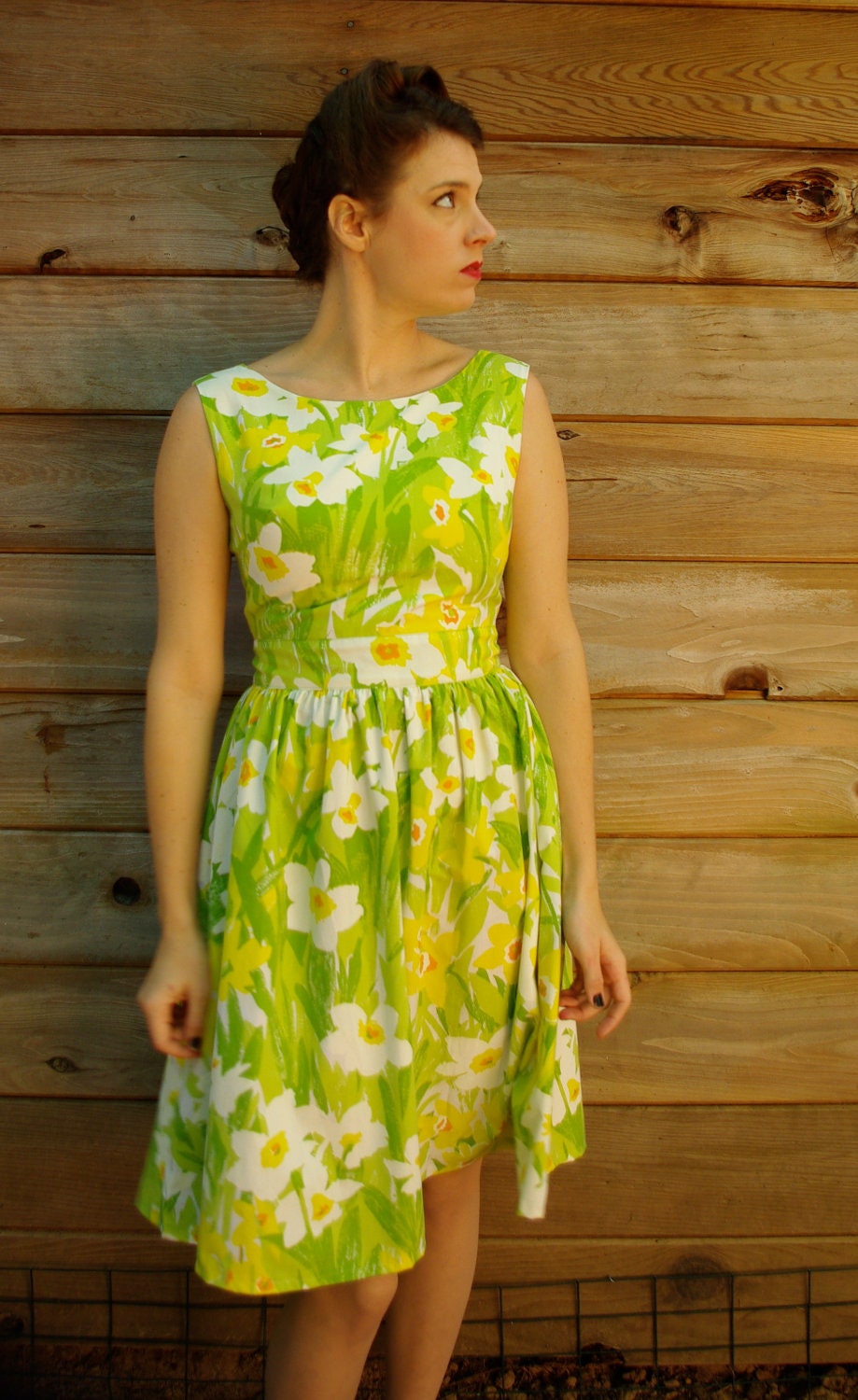 Small / Upcycled Spring Women's Vintage Inspired Green Daffodil Dress