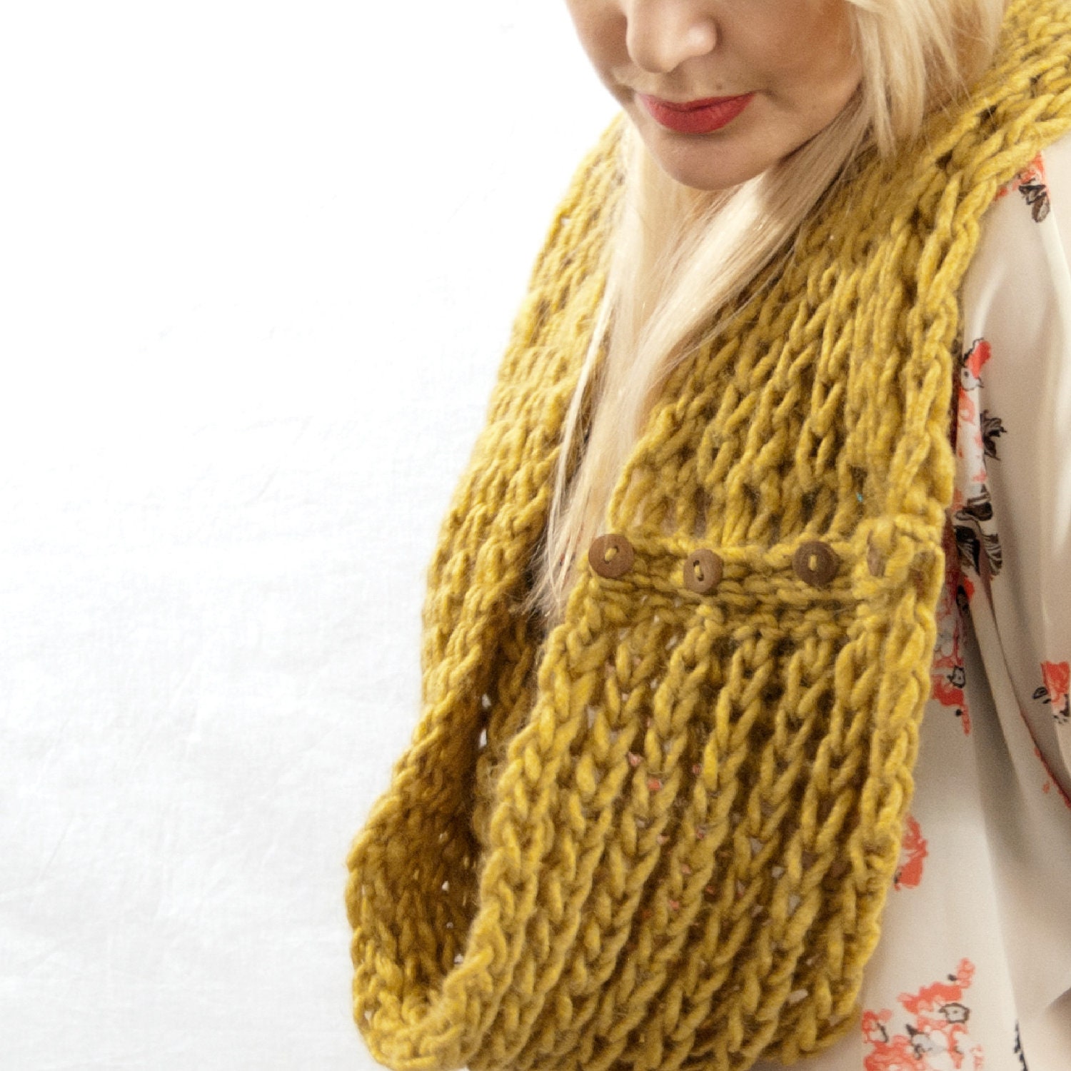 Infinity Circle Scarf with Buttons, Knit, Mustard Yellow
