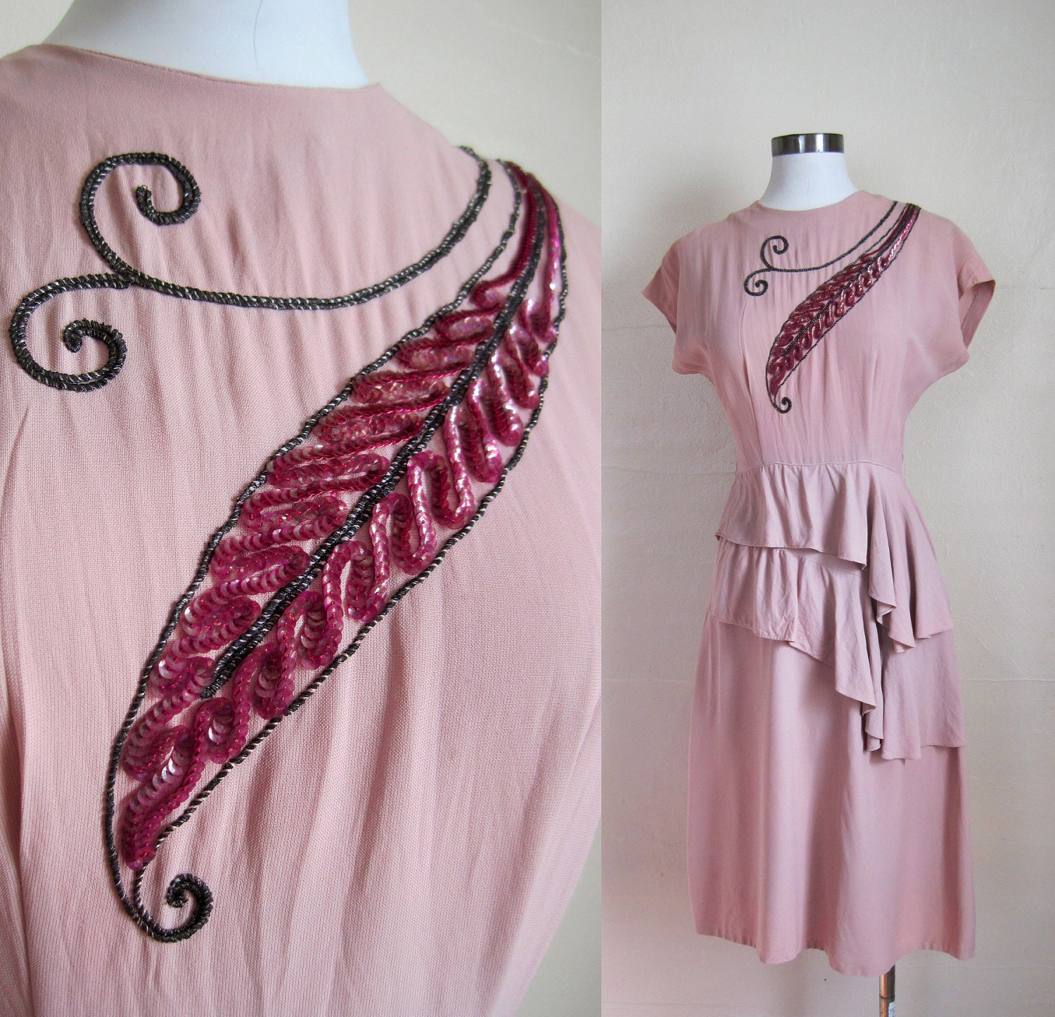 40s Dress / 1940s Crepe Amazing DRAPING and SEQUINS XS Hip Swag