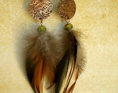 Line Textured Copper, Green Wood Bead & Brown Feather Earrings