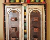 Two 2 Repurposed Upcycled Distressed Silver Wood Doors Sewing Machine Drawer Organizer of Recycled Found Object Furniture
