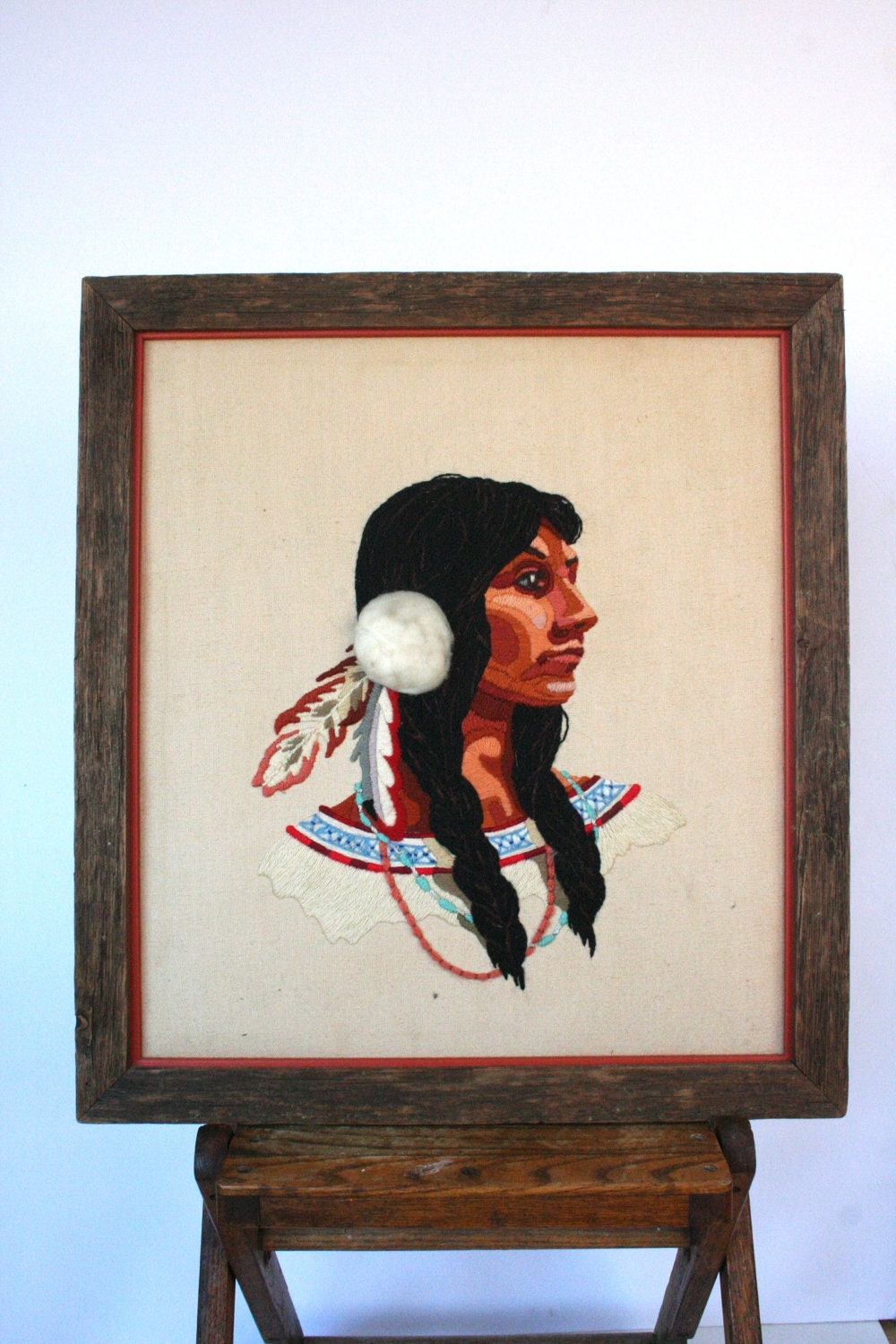 Vintage Embroidered Native American Woman: Fiber Folk Art