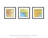 CUSTOM set of 3 Vintage Map Art Prints - Personalized Square Map Image -  8x8 or 8x10 Wall Decor Prints