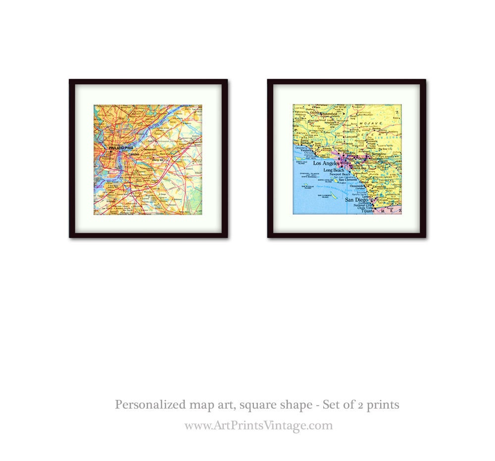 CUSTOM set of 2 Vintage Map Art Prints - Personalized Square Map Image -  8x8 or 8x10 Wall Decor Prints