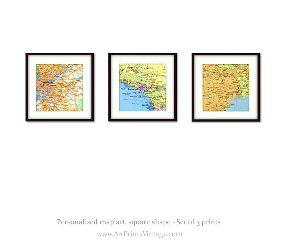 CUSTOM set of 3 Vintage Map Art Prints - Personalized Square Map Image -  8x8 or 8x10 Wall Decor Prints