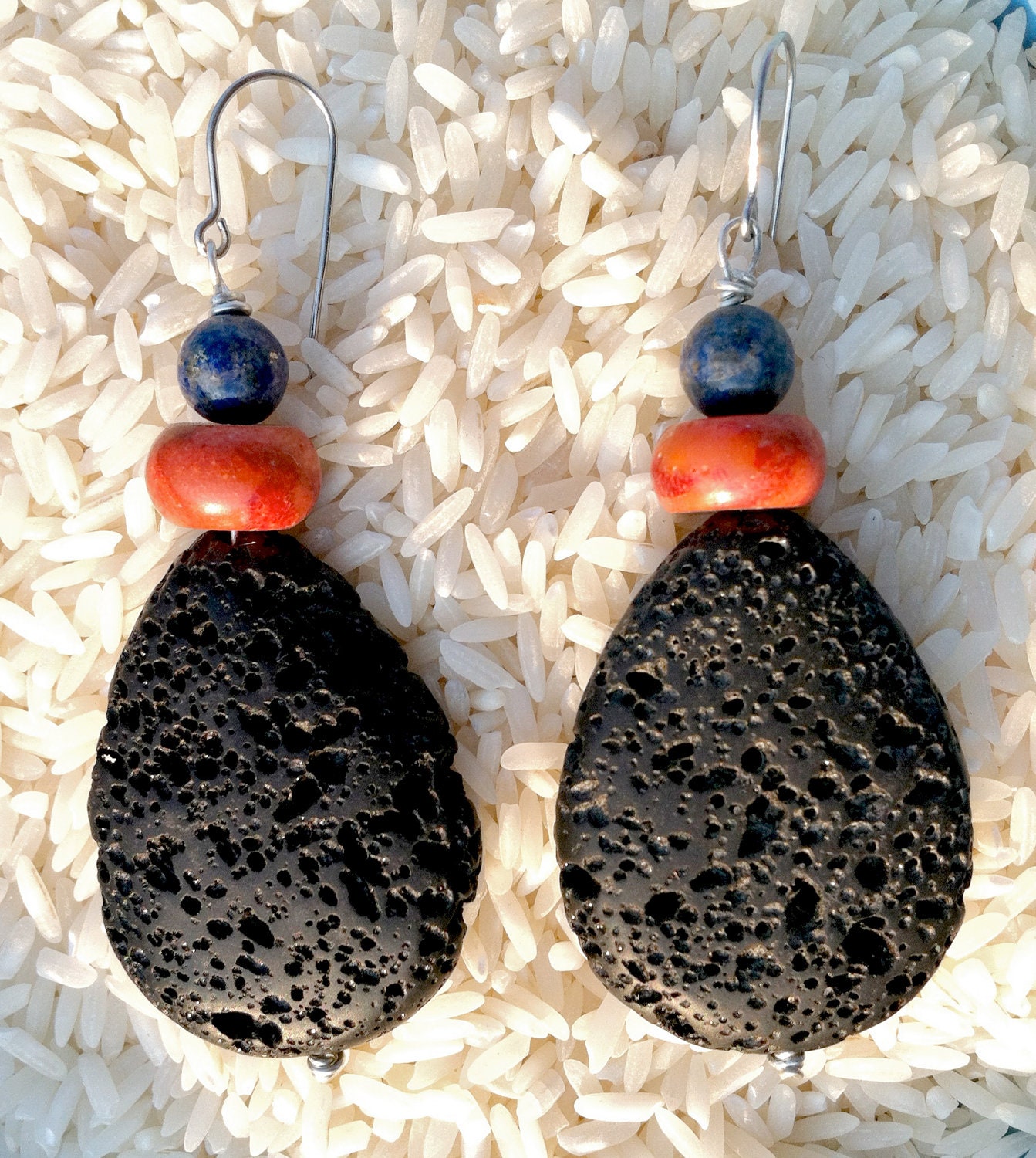 Lapis Lazuli, Coral & Lava Stone Drop Earrings
