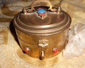 Turquoise Stash Box 60s Hippie Style Lidded Box With Lovely Turquoise & Red Coral Ornamentation