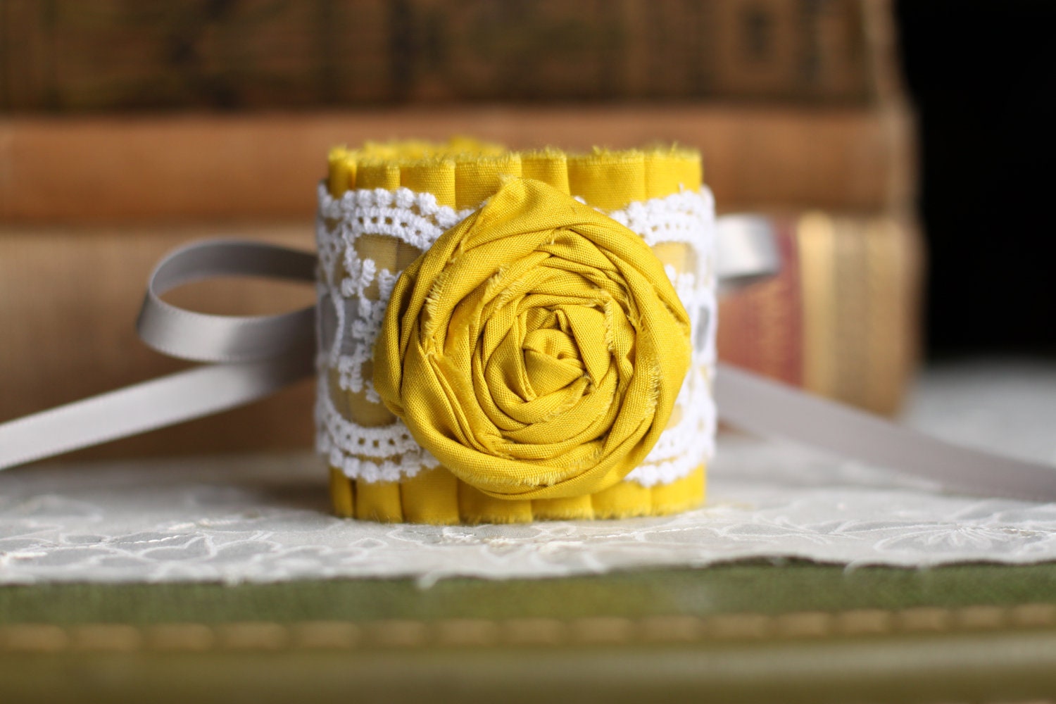 Lace Bracelet Ruffle Cuff in Yellow- Bridal Bracelet, Vintage Inspired Bracelet, Rocker Chic Cuff, Bridesmaid Bracelet, Prom Wrist Corsage