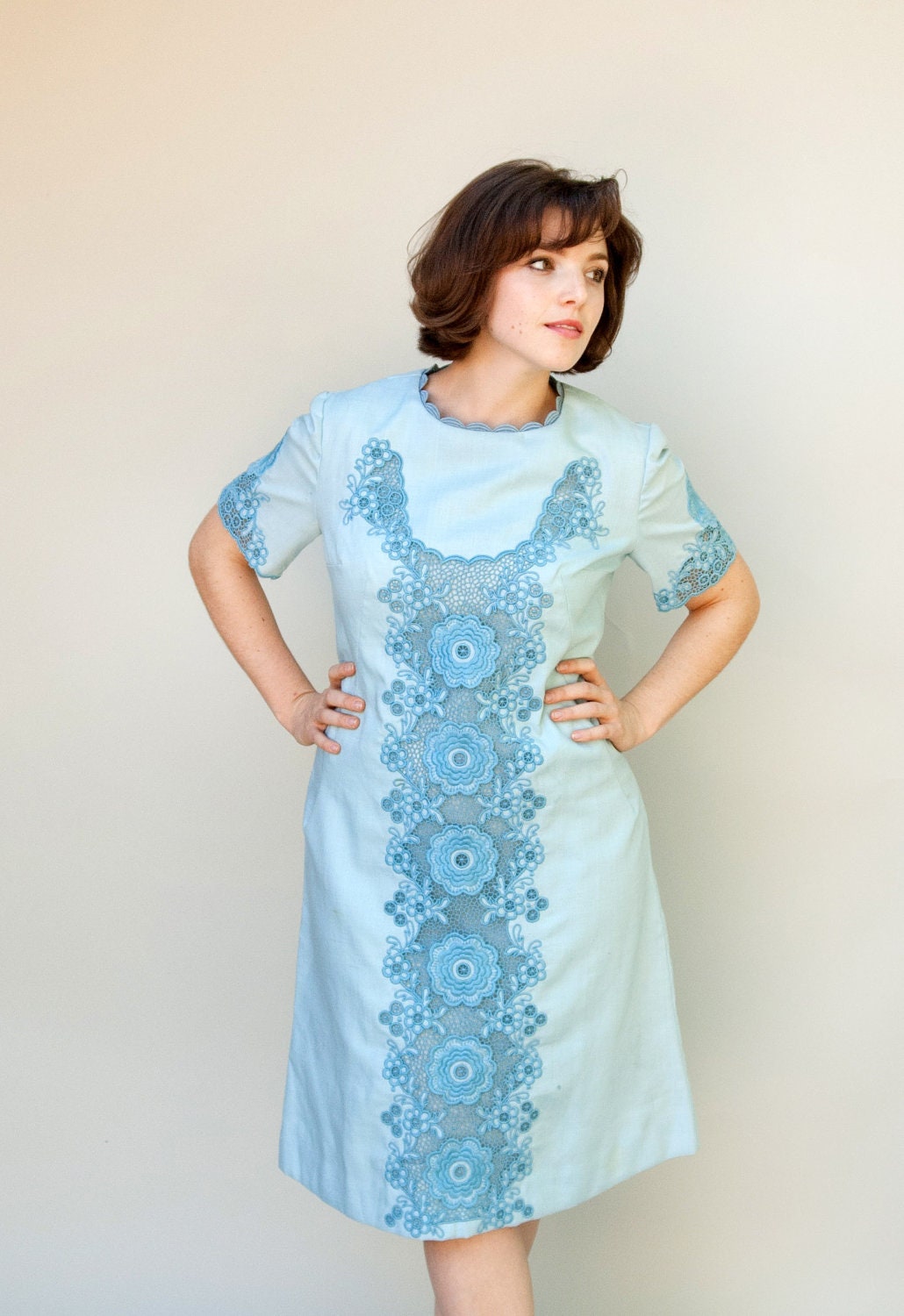 Vintage 1960s Dress - Lattice - Robins Egg Blue Mod Dress with Lace Lattice Work