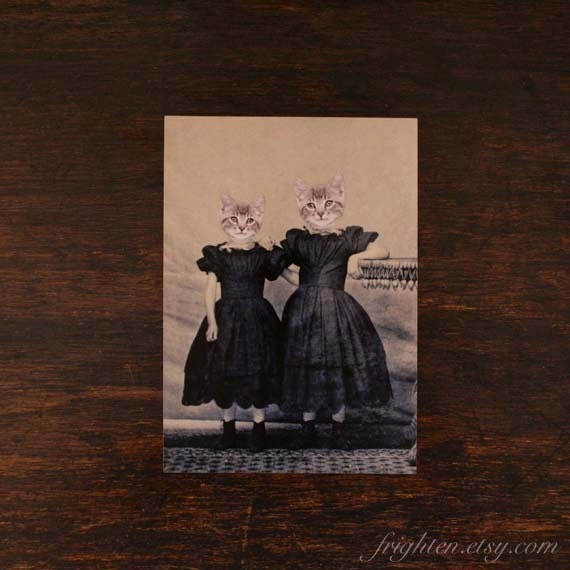 Cat Art Print, Mixed Media Collage Print, Kitten Girls, 5x7 Alterered Civil War Portrait of Two Sisters, frighten