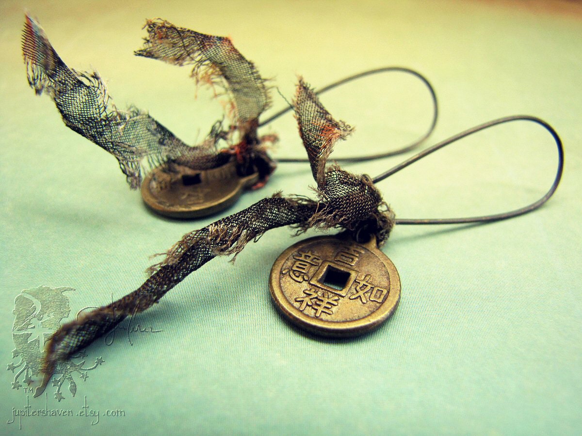 Charmed Earrings - Asian Coins Mixed Media Fabric Dangle Long Kidney Wire - The Brass Coin