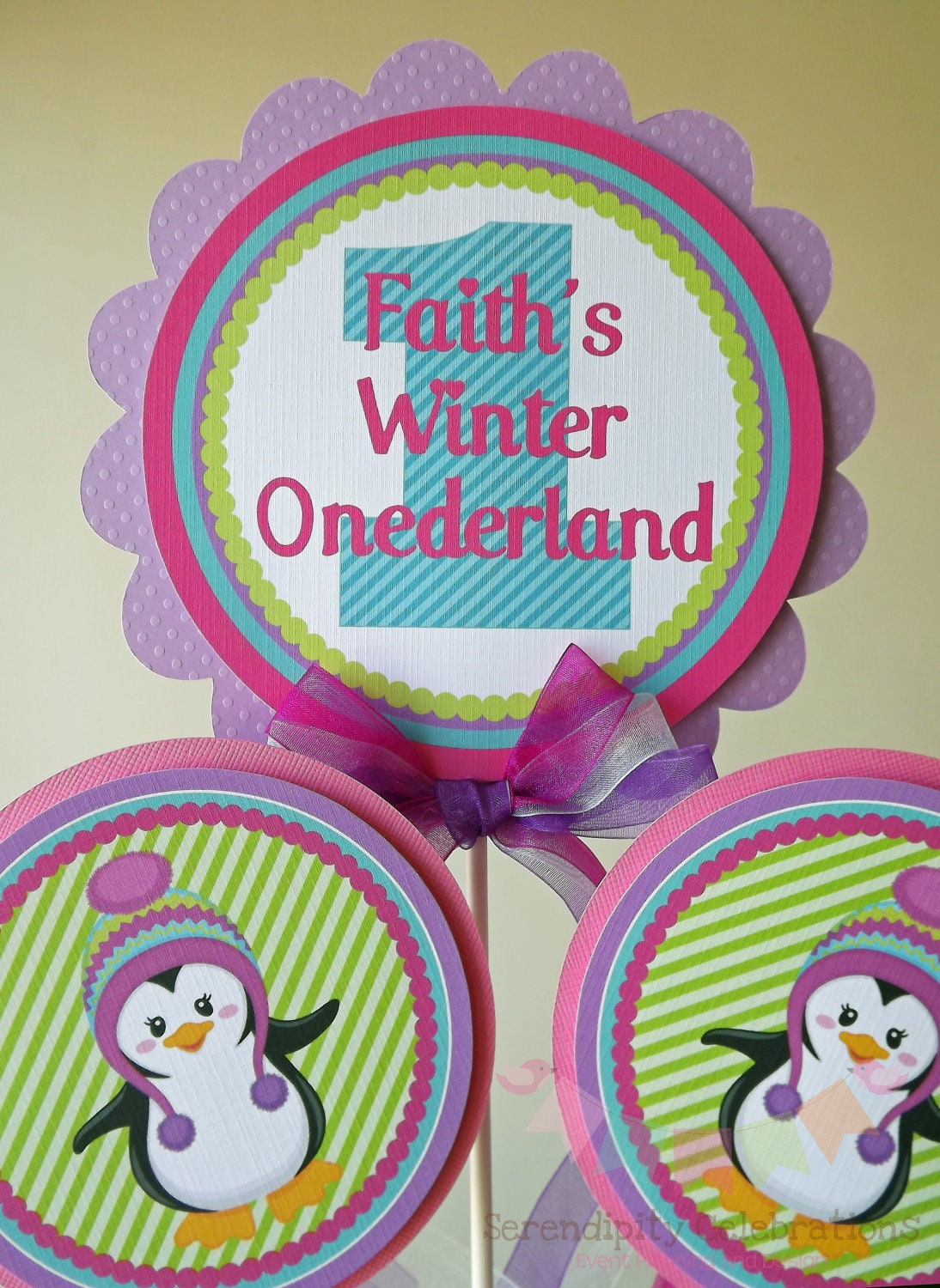 Colorful Penguin Winter ONEderland Collection: 3 Piece Centerpiece -Birthday -Baby Shower -Table Decoration -Candy Dessert Table -Seasonal Il_570xn