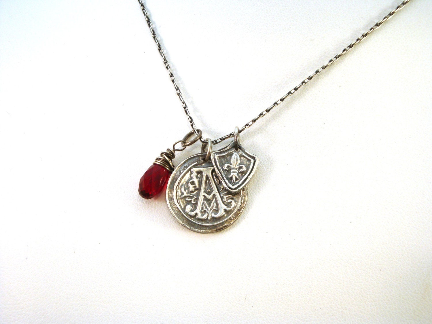 Fine Silver Monogram, Birthstone, and Fleur de Lis Shield Charm Necklace - Wax Seal Jewelry, Letter A