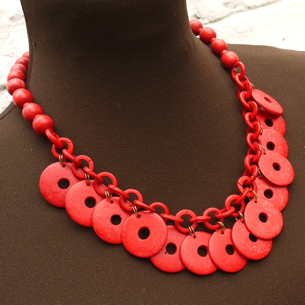 Vintage 80s Chunky Red Large Wooden Disc Statement Necklace