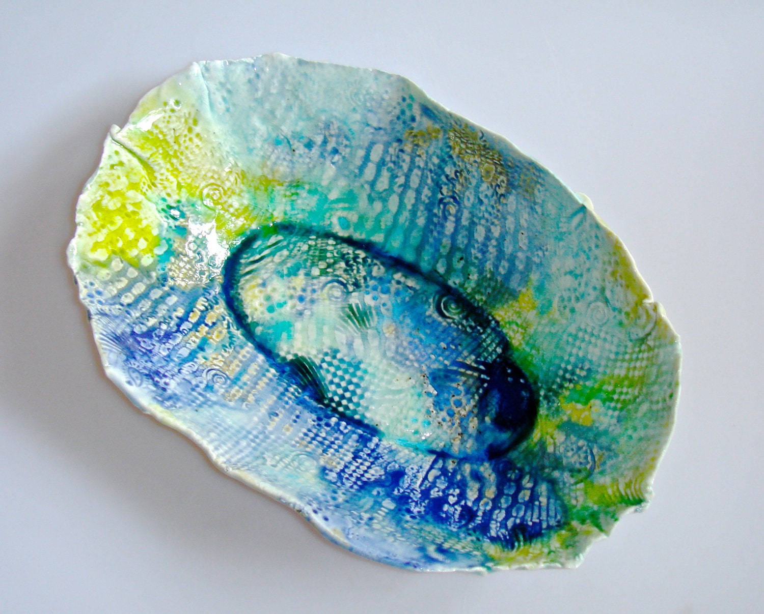 Ceramic Serving bowl in ocean inspired colors, emerald green, cobalt blue, aqua, turquoise, with impressions of seashells