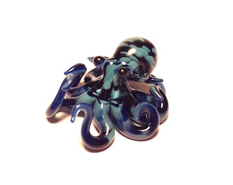Small textured Glass Octopus pendant blue cobalt teal colored