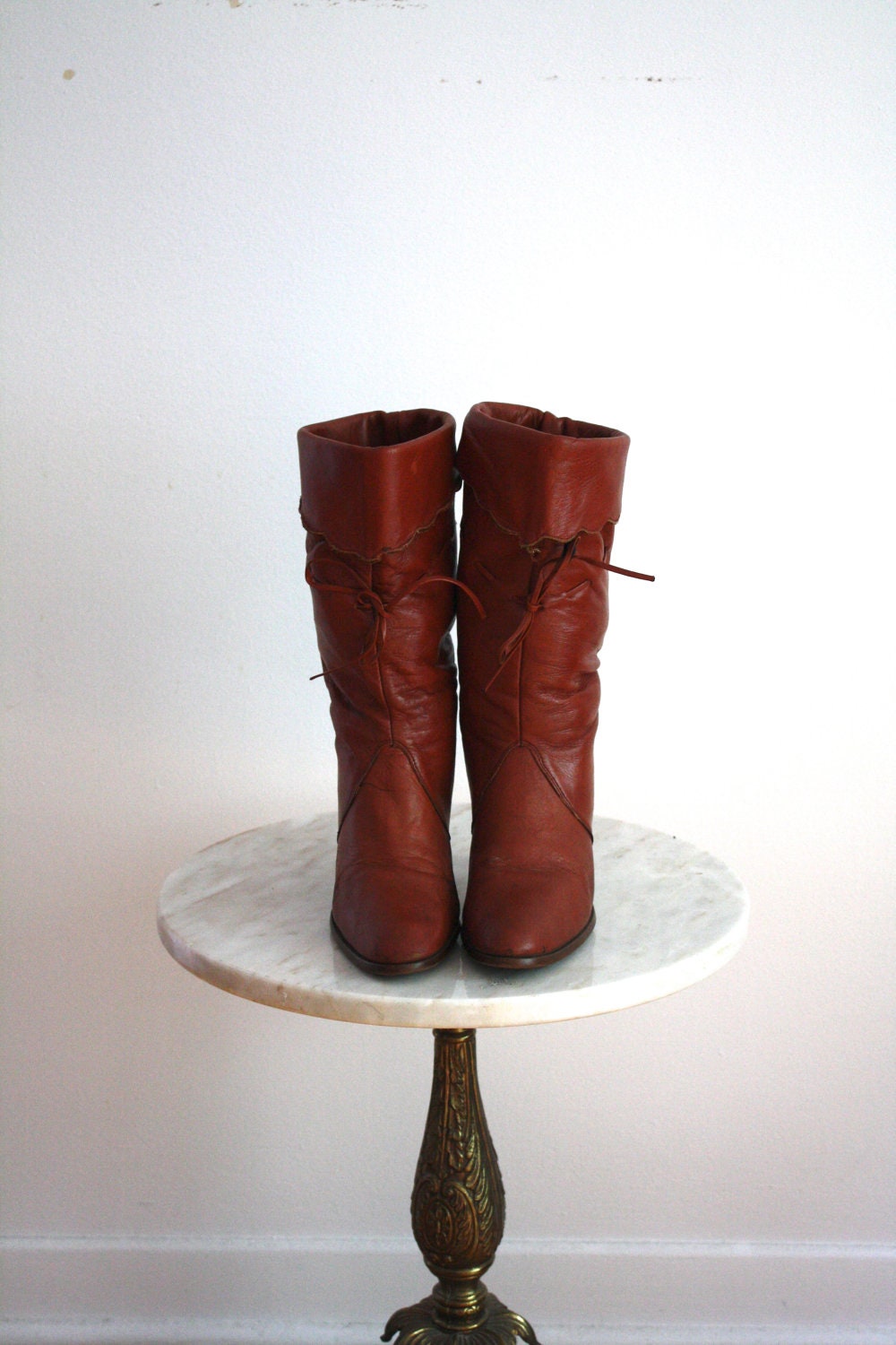 HIGH-HEELED Cowboy Boots Brown Leather Lace Cuff - Women's 7 7.5 - 1980s VINTAGE