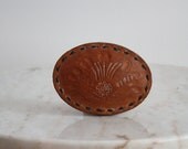 Leather Belt Buckle Mexican Floral Brown EMBOSSED - 1960s - VINTAGE