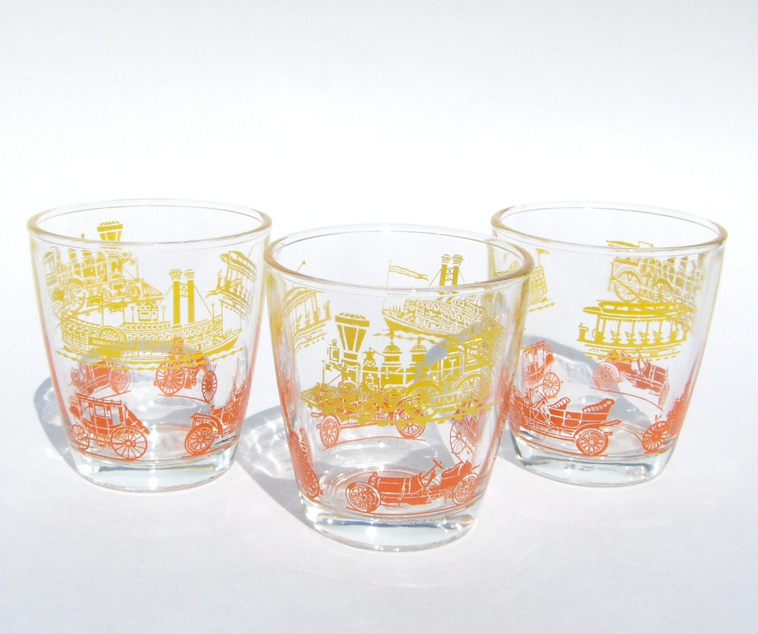 Sour Cream Glasses Low Ball Cocktail or Juice Set in Yellow and Orange Transportation Theme Cars, Trains, Boats Collectible Barware