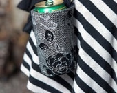 Black & Silver Rose Tweed Beey Cozy with Antique Brass Lobster Hook Clip. FREE SHIPPING
