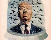 Portrait Original Illustration Drawing Mixed Media Print Art Poster Acrylic Painting Holiday Decor Gift: Hitchcock with birds In Snow Globe