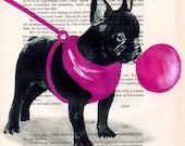 Original Illustration Digital Print Mixed Media Art Poster Acrylic Painting Holiday Decor Drawing Gift: French bulldog with bubblegum