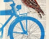 Owl on blue bicycle Poster Print / Mixed Media / Gift For Her / Digital Print / Drawing Illustration / Acrylic Painting / Vintage Art