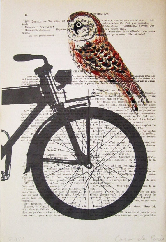 Owl on black bicycle Poster Print / Mixed Media / Gift For Her / Digital Print / Drawing Illustration / Acrylic Painting / Vintage Art