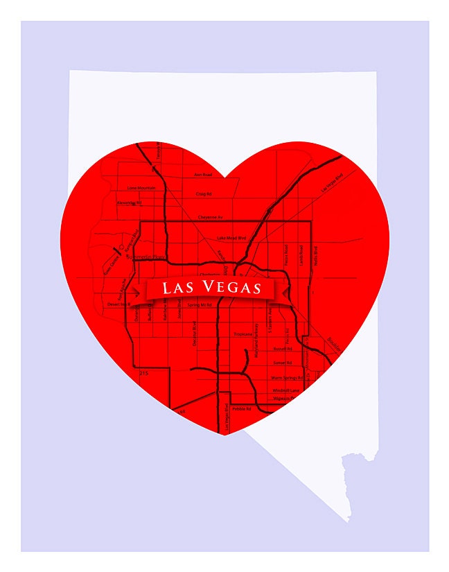 Las Vegas Heart Map - 11x14 print - Las Vegas Nevada poster art Home decor Wall hanging