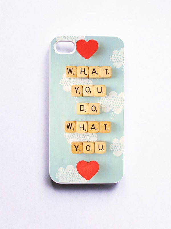 iPhone Case: Love What You Do. White Case. Scrabble. Word Dice. Blue Skies Print. READY-TO-SHIP
