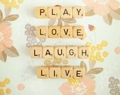 Play Love Laugh Live. Fine Art Photography. Scrabble Blocks. Wall Art. Blue Floral Print. Size A4