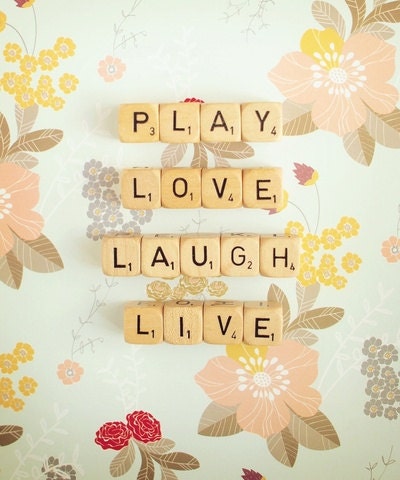 Play Love Laugh Live. Fine Art Photography. Scrabble Blocks. Wall Art. Blue Floral Print. Size A4