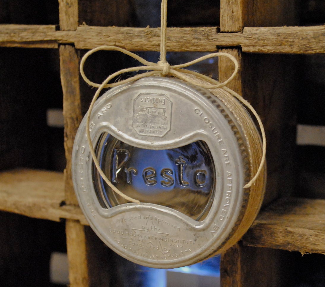 Vintage Mason Jar Lid Ornament - Presto - Christmas Ornament - Holiday Decoration - Wedding Decoration - Canning Jar Ornament - Home Decor
