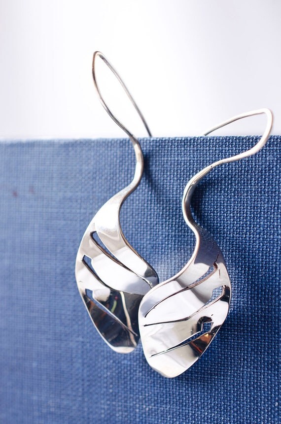 Hand Forged Sterling Silver Graphic Curve Leaf Earrings