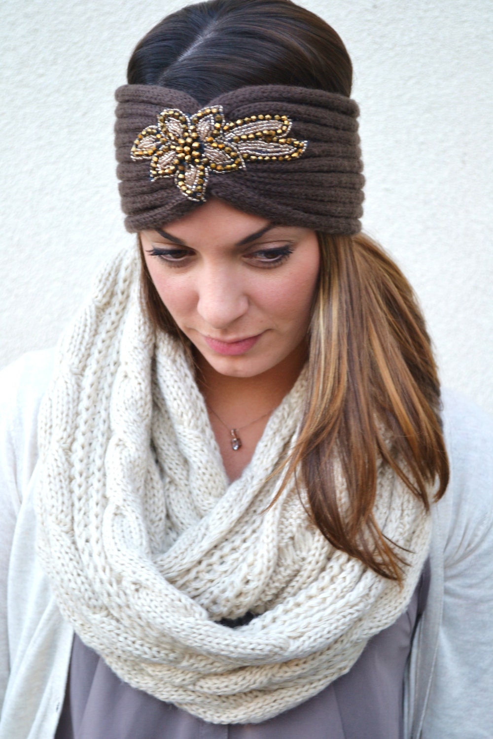 Chunky Knitted Headband Ear Warmer with Beaded Flower Embellishment SELMA's Beaded Head Wrap Turban on THE BACHELOR