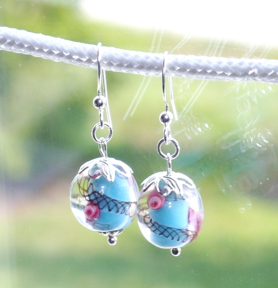 Floral blue lampwork bead earrings
