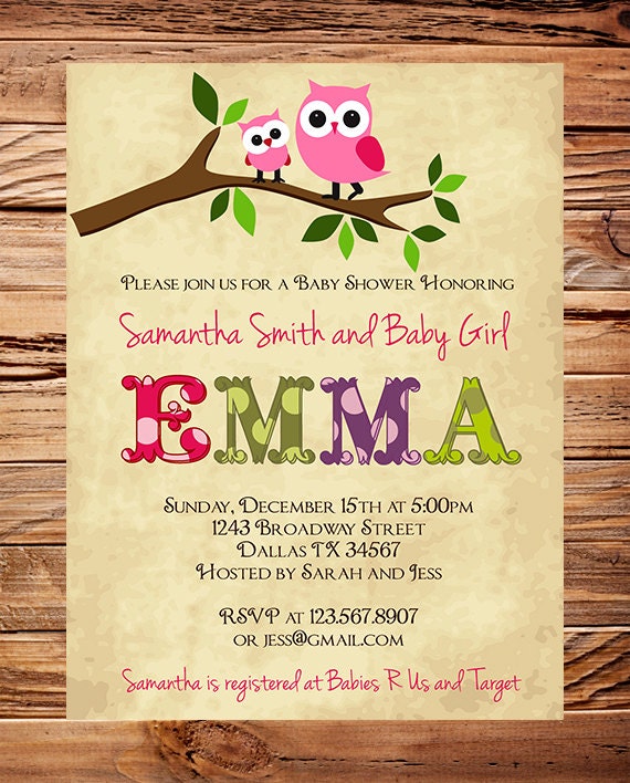 Owl Baby Shower Invitation, Baby Shower Invite, Girl, Whimsical, Pink, Baby shower boy Owl (Item 5060)