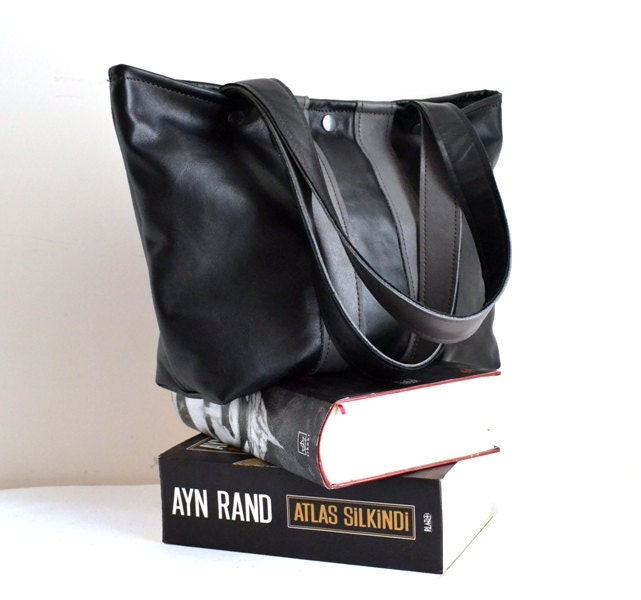 Minimalist Black Gray Leather Tote Genuine Cow Leather Black Handmade Handbag Shoulder Bag  Black Leather Tote