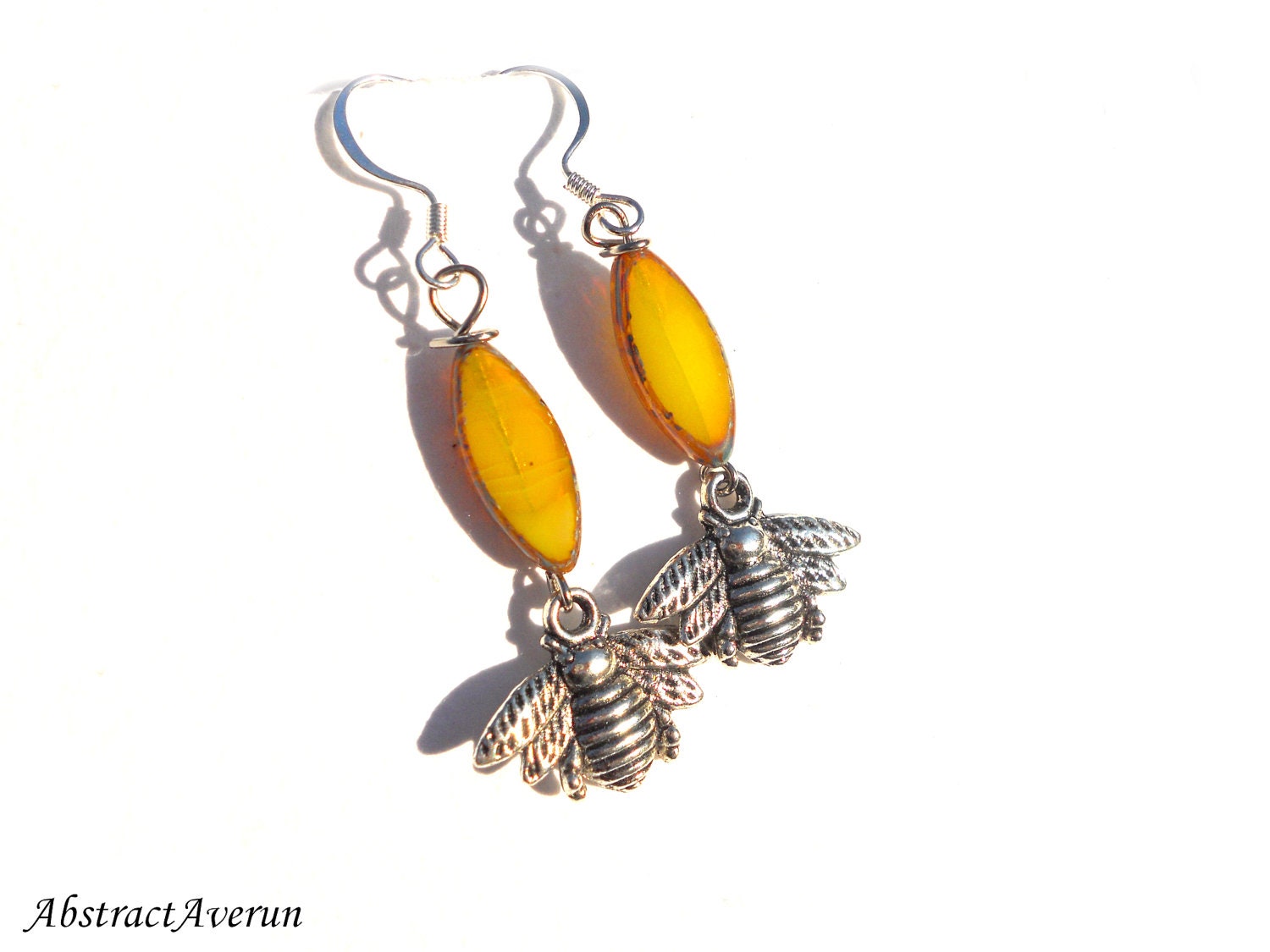 Bee Earrings- Yellow, Czech Glass Spindle Beads - Charm, Dangle Earrings