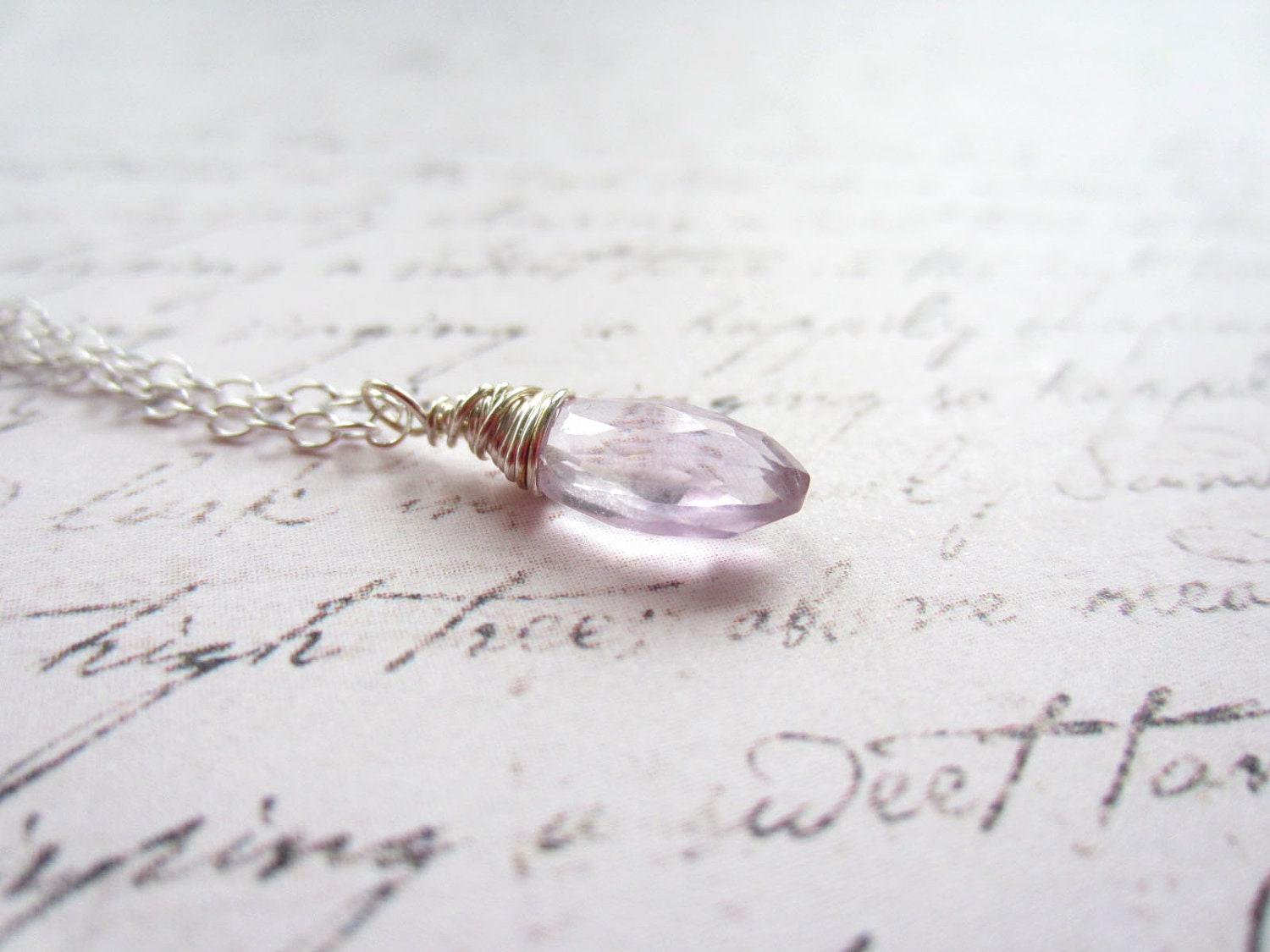 Light Pink Amethyst Necklace, Drop Necklace, Wire Wrapped Necklace, Swedish Jewelry Design by Thyll, Scandinavian Jewelry