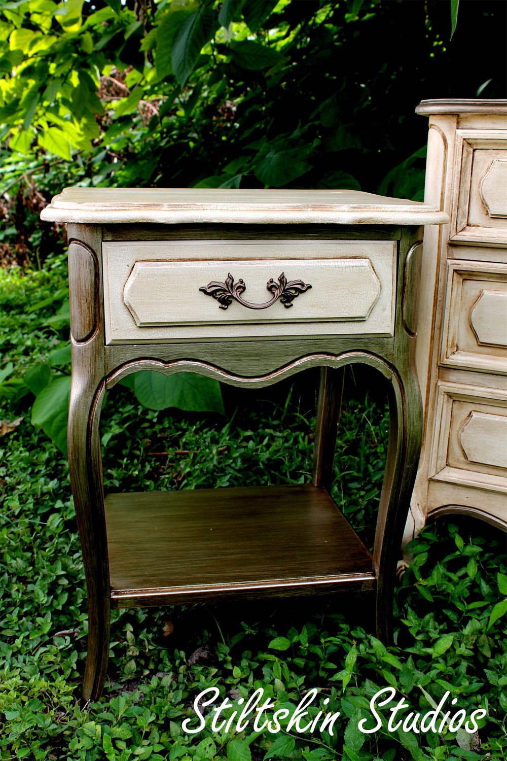 Gorgeous French Paris Apartment Metallic Bronze Shabby Nightstand Side Table