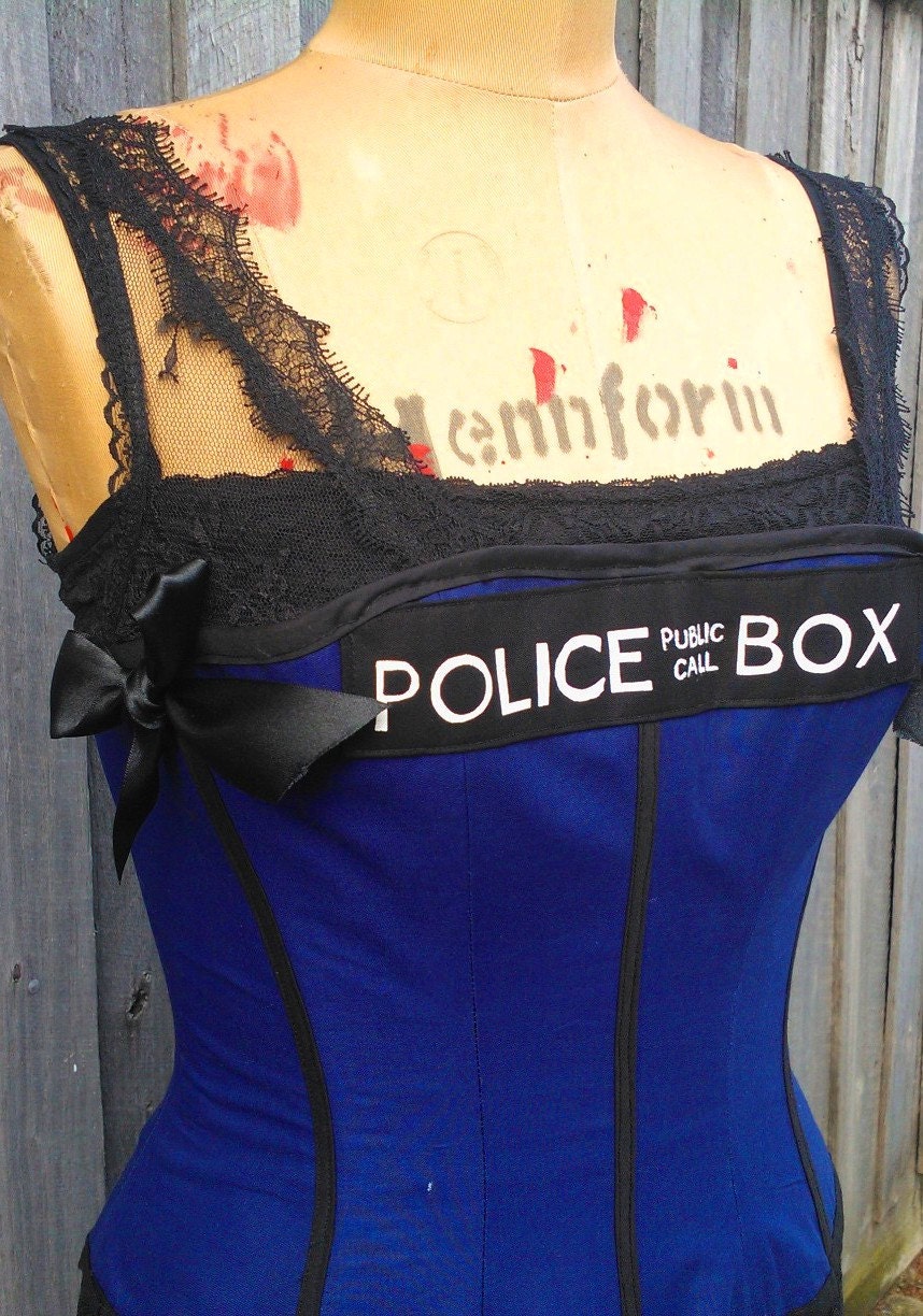 Doctor Who inspired TARDIS themed corset custom made to order complete with boning size 6 to 16
