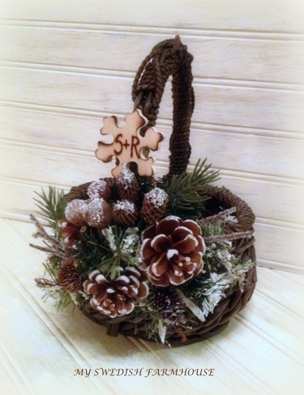 Flower Girl Basket Rustic Winter Wedding Decor Christmas Wedding Heart Charm Personalized