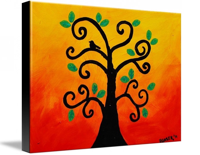 Abstract Giclee art Print on Stretched 8x10  Canvas Seasons Summer Tree bird green leaves yellow red