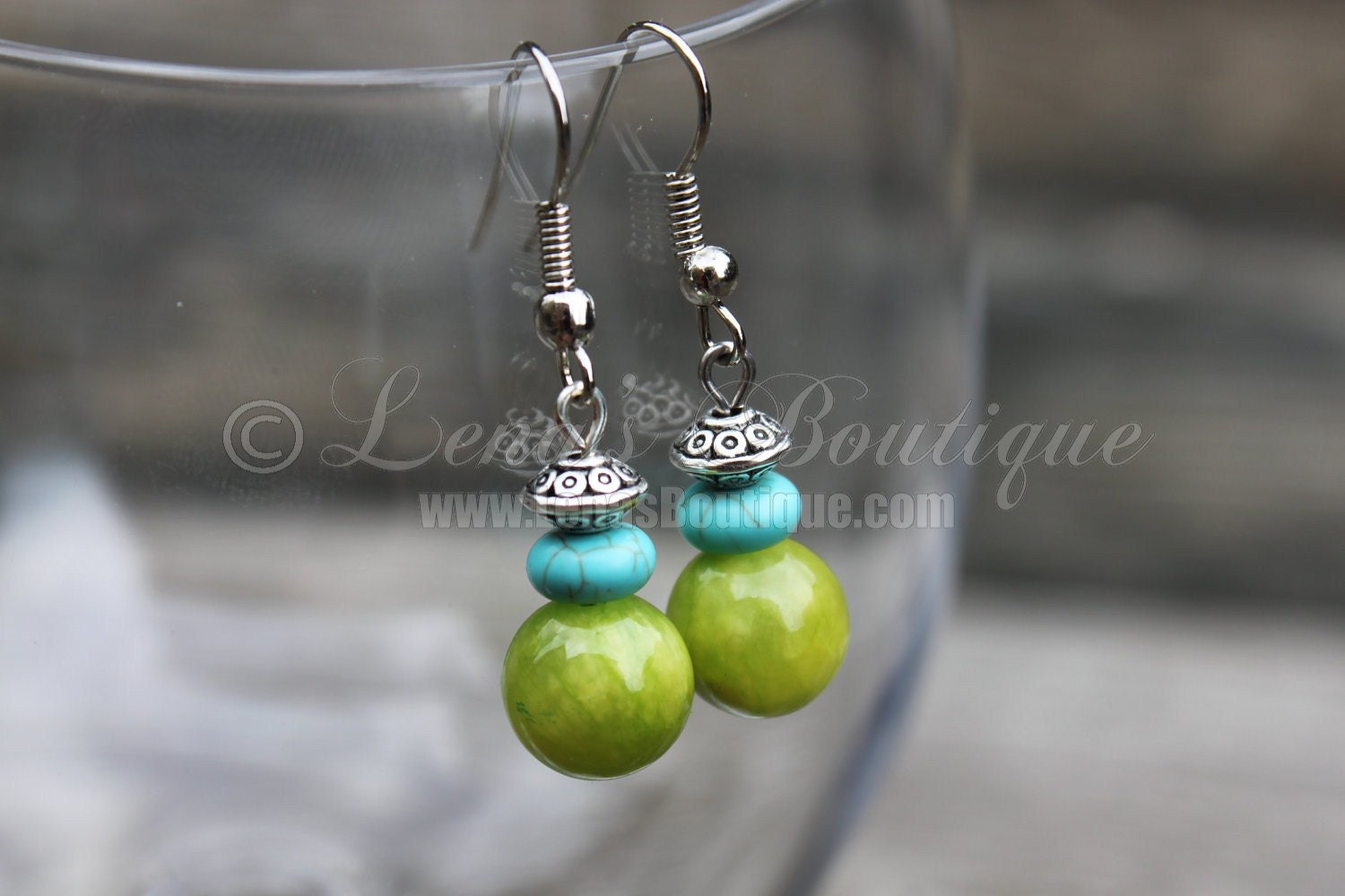 Sale Gemstones Turquoise and Lime Green Jade Earrings with antique silver plated beads  - Ready To Ship
