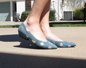 90s denim flats silver disc mirror polka dot dotted 7 7.5 jean pointed flats low heel