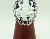Ganesh Elephant Ring Cameo Style in Black and White On  Adjustable Silver Filigree Band